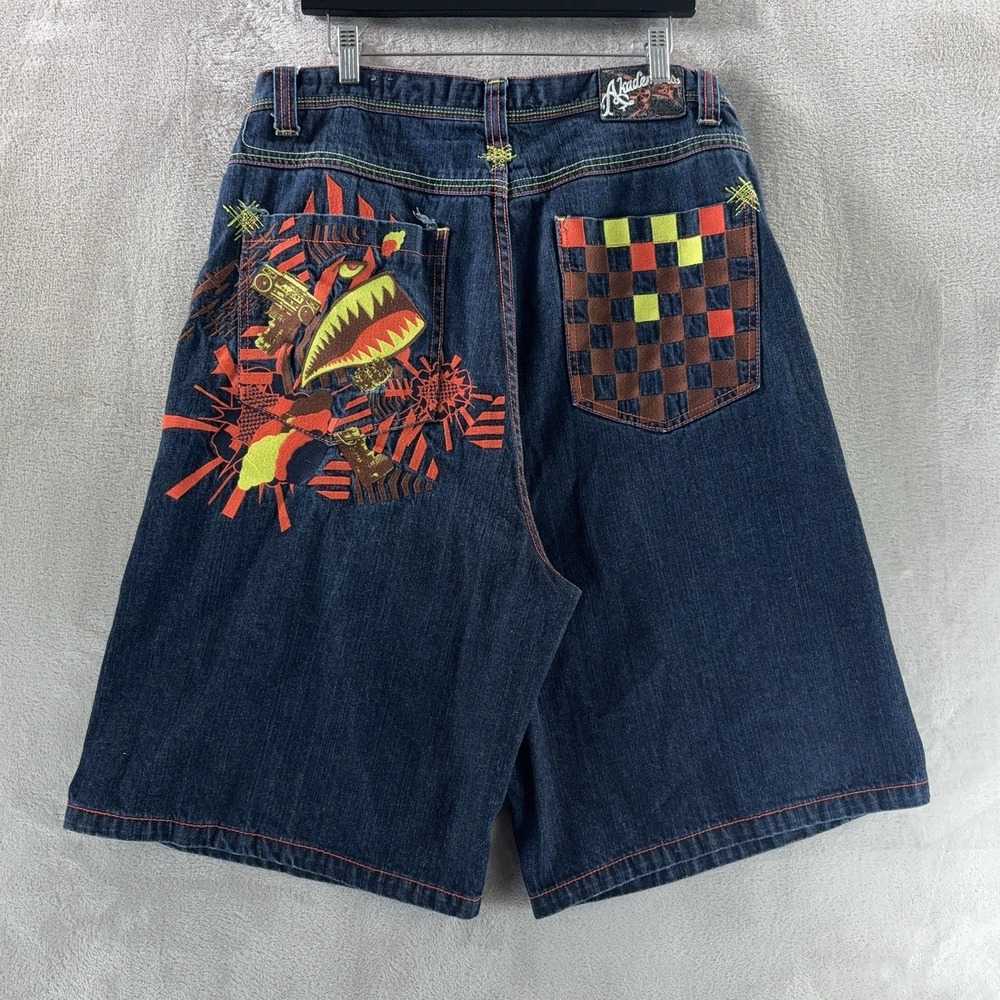 Akademiks Denim Shorts Mens Size 38 Blue Y2K Embroidered Graphic Hip Hop Baggy